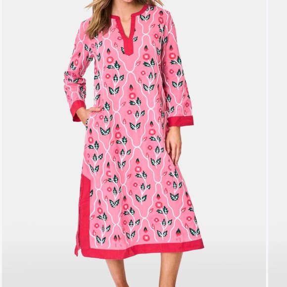 Roller Rabbit Trellis Floral Embroidery Johanna Caftan Pink - Picture 1 of 4